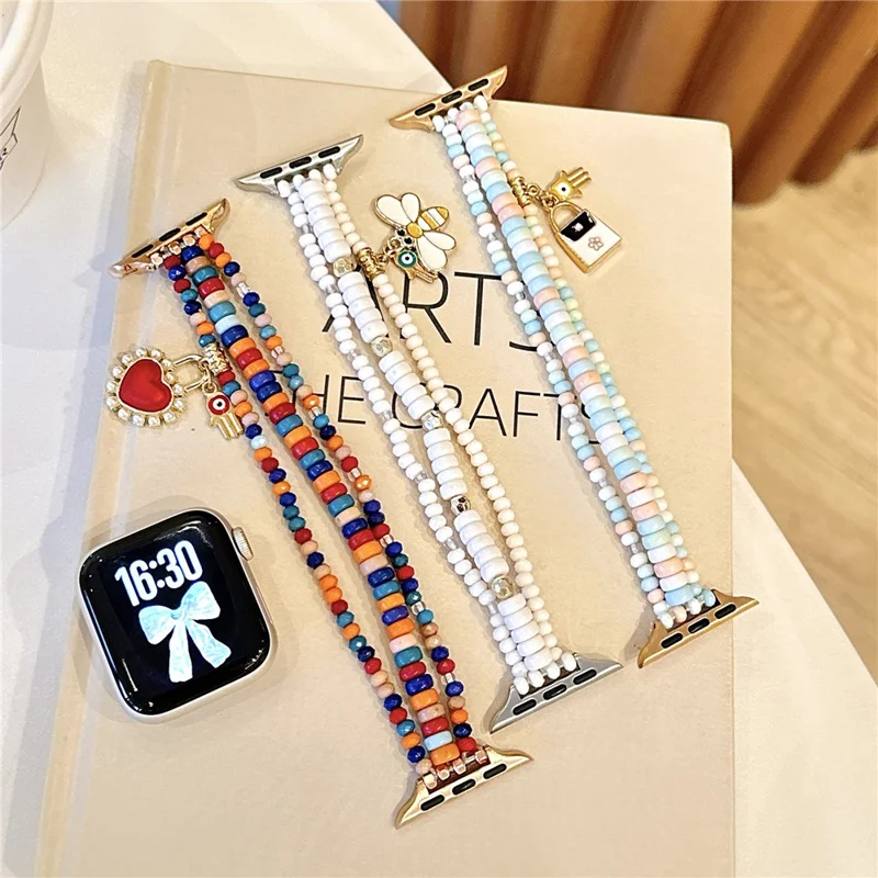 Watch Strap for Apple Watch Series 11 10 42mm / 9 8 7 41mm / SE3 SE2 SE 6 5 4 40mm / 3 2 1 38mm 3-Row Beads Bracelet Wrist Band - Pink