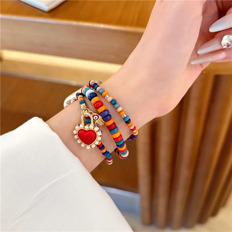 Watch Strap for Apple Watch Series 10 Ultra 9 8 7 SE 6 5 4 3 2 1 46mm 49mm 45mm 44mm 42mm 3-Row Beads Bracelet Wrist Band - Red