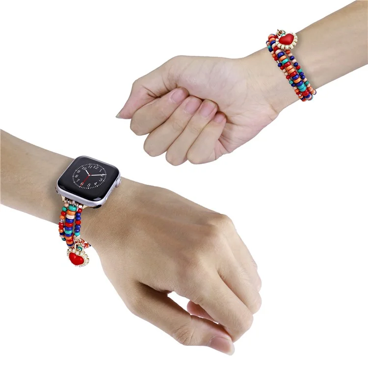 Watch Strap for Apple Watch Series 10 Ultra 9 8 7 SE 6 5 4 3 2 1 46mm 49mm 45mm 44mm 42mm 3-Row Beads Bracelet Wrist Band - Red