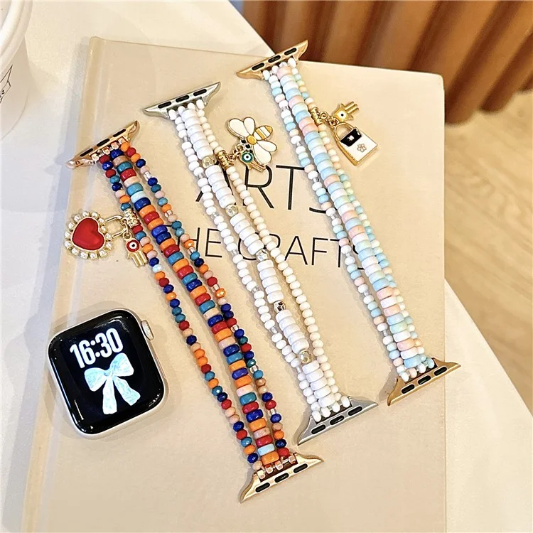 Watch Strap for Apple Watch Series 10 Ultra 9 8 7 SE 6 5 4 3 2 1 46mm 49mm 45mm 44mm 42mm 3-Row Beads Bracelet Wrist Band - Red