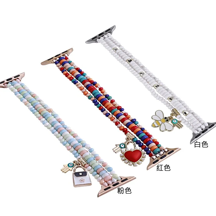 Watch Strap for Apple Watch Series 10 Ultra 9 8 7 SE 6 5 4 3 2 1 46mm 49mm 45mm 44mm 42mm 3-Row Beads Bracelet Wrist Band - Red