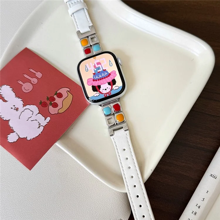 Wrist Strap for Apple Watch Series 10 9 8 7 SE 6 5 4 3 2 1 42mm 41mm 40mm 38mm Metal Eyeshadow Palette Leather Watch Band - White / Starlight Buckle