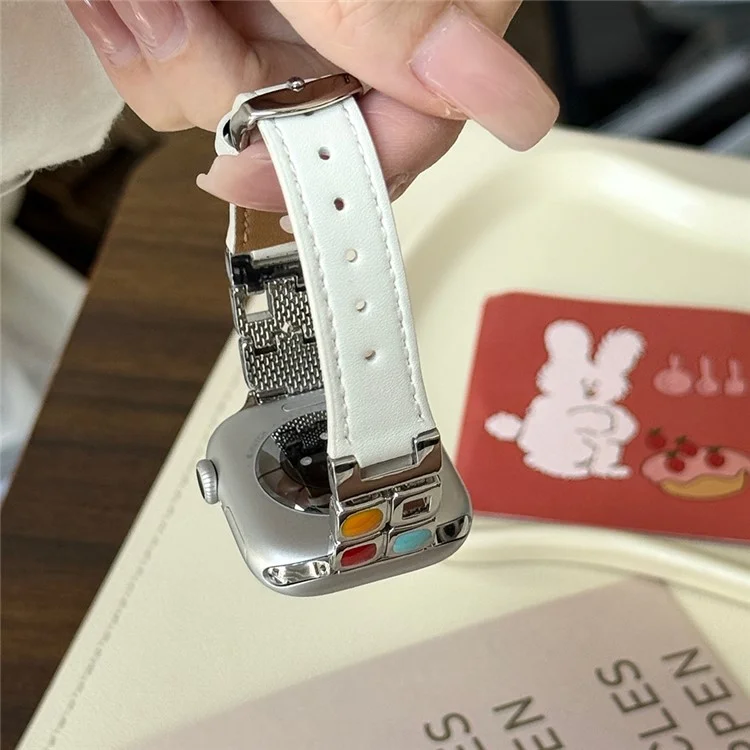 Wrist Strap for Apple Watch Series 10 9 8 7 SE 6 5 4 3 2 1 42mm 41mm 40mm 38mm Metal Eyeshadow Palette Leather Watch Band - White / Starlight Buckle