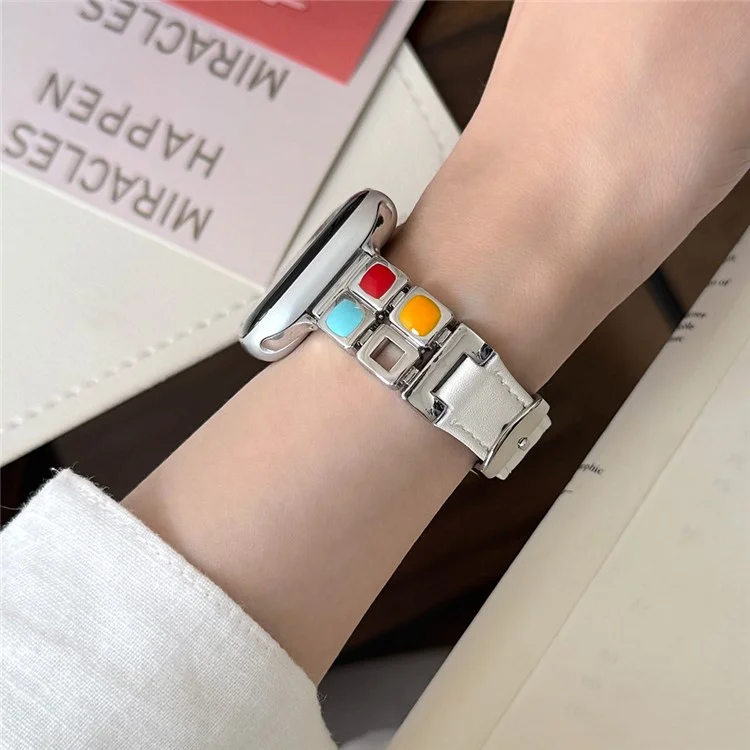Wrist Strap for Apple Watch Series 10 9 8 7 SE 6 5 4 3 2 1 42mm 41mm 40mm 38mm Metal Eyeshadow Palette Leather Watch Band - White / Starlight Buckle