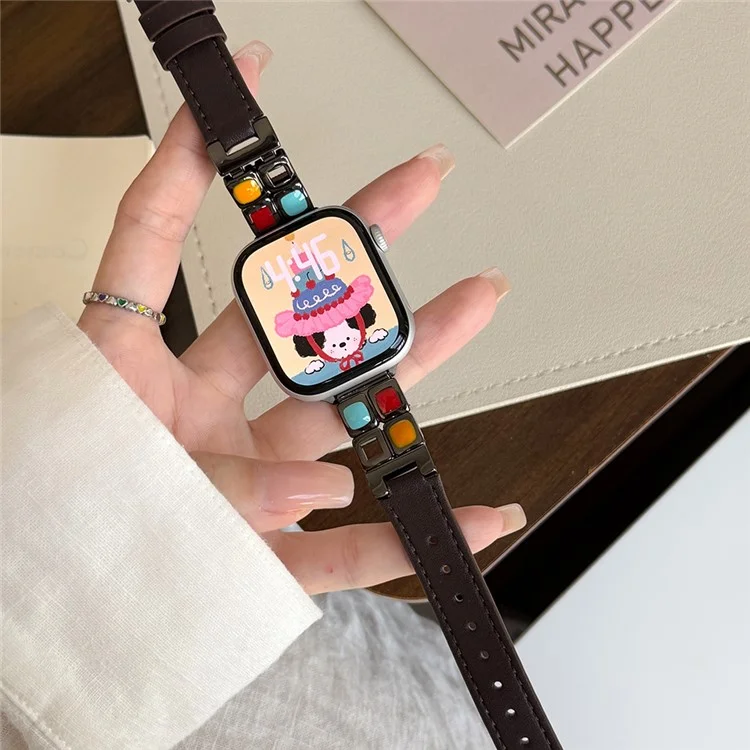 Leather Strap for Apple Watch Series 10 Ultra 9 8 7 SE 6 5 4 3 2 1 46mm 49mm 45mm 44mm 42mm Eyeshadow Palette Watch Band - Dark Brown / Black Buckle