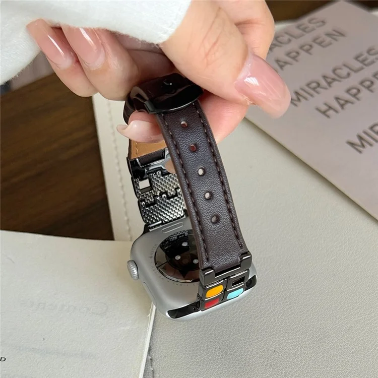 Leather Strap for Apple Watch Series 10 Ultra 9 8 7 SE 6 5 4 3 2 1 46mm 49mm 45mm 44mm 42mm Eyeshadow Palette Watch Band - Dark Brown / Black Buckle