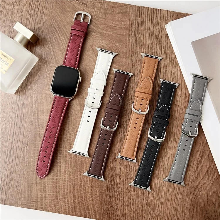 Cinturino per Apple Watch Serie 10 9 8 7 SE 6 5 4 3 2 1 42mm 41mm 40mm 38mm Texture a Quadri Cinturino in Pelle Regolabile - Beige