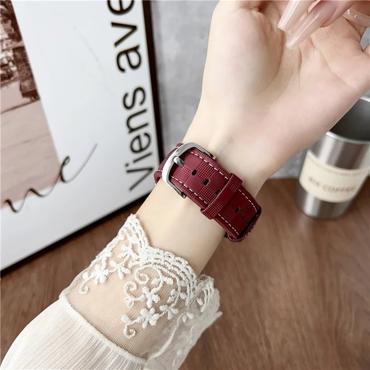 Watch Band for Apple Watch Series 10 Ultra 9 8 7 SE 6 5 4 3 2 1 46mm 49mm 45mm 44mm 42mm Plaid Texture Adjustable Leather Wrist Strap - Wine Red