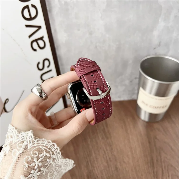 Watch Band for Apple Watch Series 10 Ultra 9 8 7 SE 6 5 4 3 2 1 46mm 49mm 45mm 44mm 42mm Plaid Texture Adjustable Leather Wrist Strap - Wine Red
