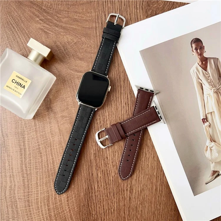 Watch Band for Apple Watch Series 10 Ultra 9 8 7 SE 6 5 4 3 2 1 46mm 49mm 45mm 44mm 42mm Plaid Texture Adjustable Leather Wrist Strap - Wine Red