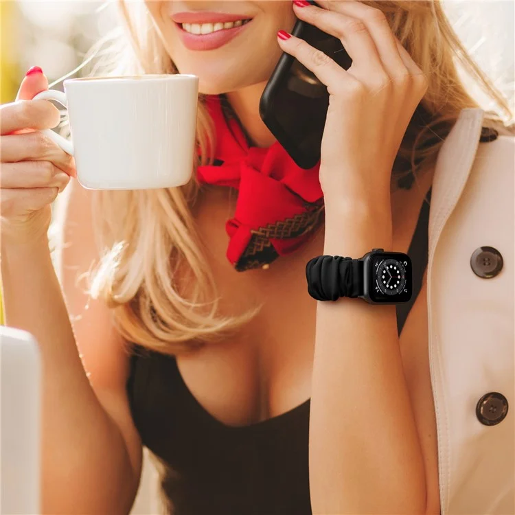 Elastic Hair Band Replacement Watch Strap for Apple Watch Series 10 42mm / 9 8 7 41mm / 6 5 4 SE SE (2022) SE (2023) 40mm / 3 2 1 38mm , Size: S - Black Connector / Blackblack