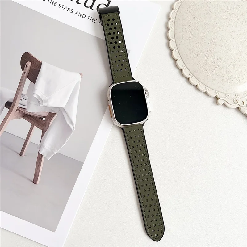 Watch Band For Apple Watch Ultra 3 2 1 49mm / Series 11 10 46mm / 9 8 7 45mm / SE3 SE2 SE 6 5 4 44mm / 3 2 1 42mm Magnetic Buckle Perforated Silicone Strap - Matte Army Green
