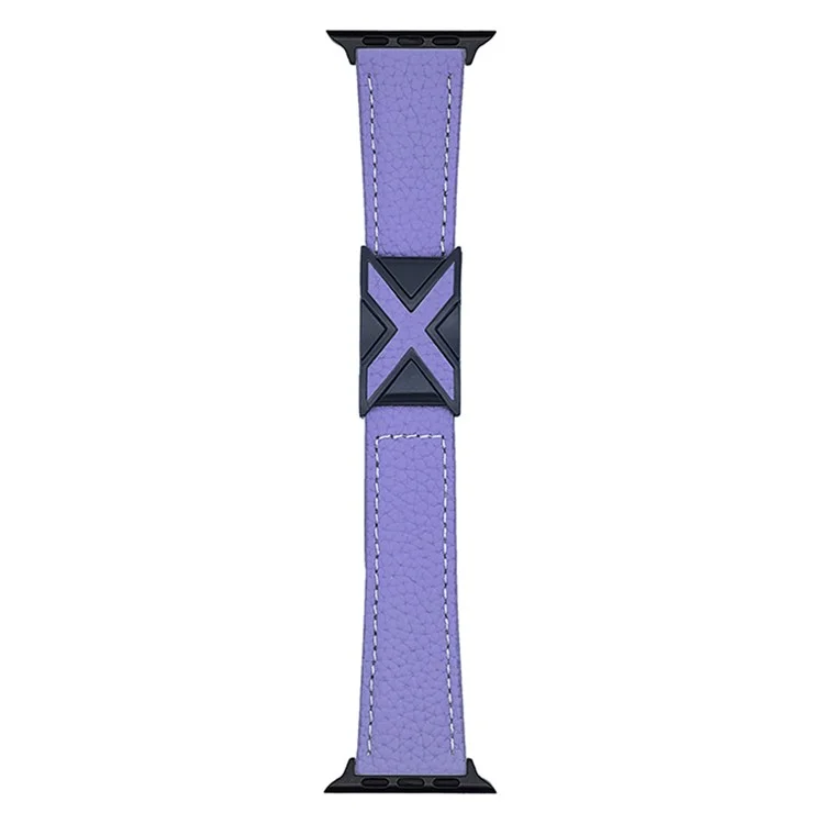 Watch Band For Apple Watch Series 10 9 8 7 SE 6 5 4 3 2 1 42mm 41mm 40mm 38mm Magnetic X-Buckle Litchi Texture Leather Strap - Purple