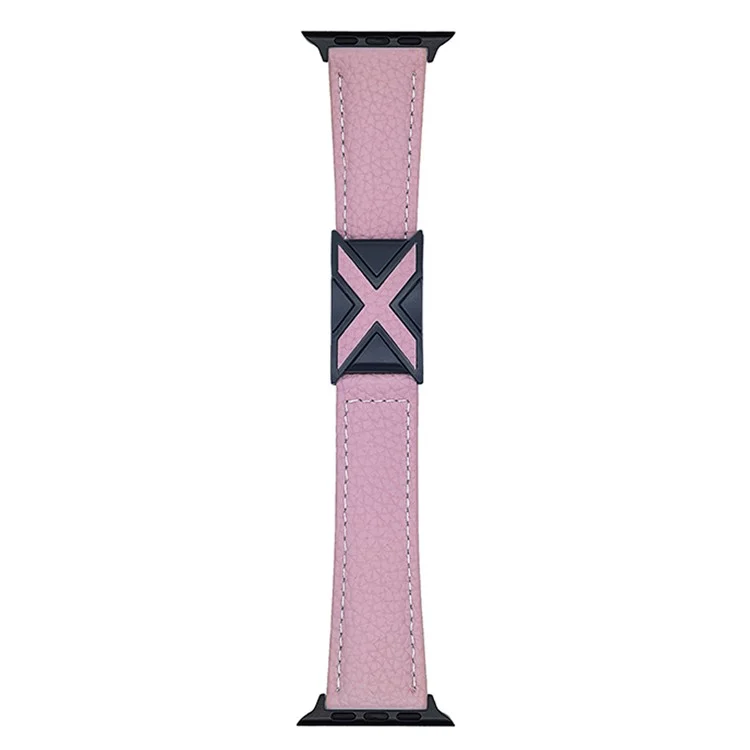 Watch Band For Apple Watch Series 10 9 8 7 SE 6 5 4 3 2 1 42mm 41mm 40mm 38mm Magnetic X-Buckle Litchi Texture Leather Strap - Pink