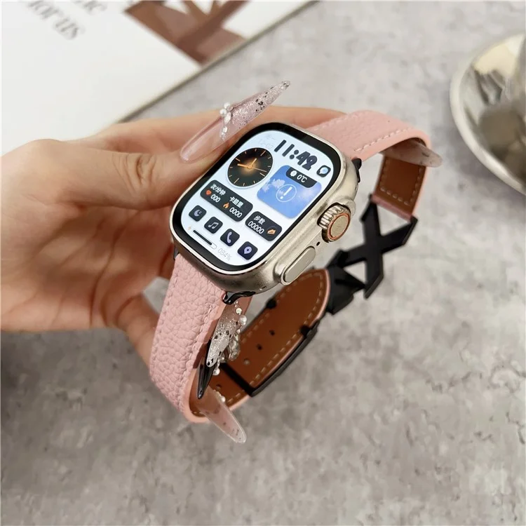 Watch Band For Apple Watch Series 10 9 8 7 SE 6 5 4 3 2 1 42mm 41mm 40mm 38mm Magnetic X-Buckle Litchi Texture Leather Strap - Pink