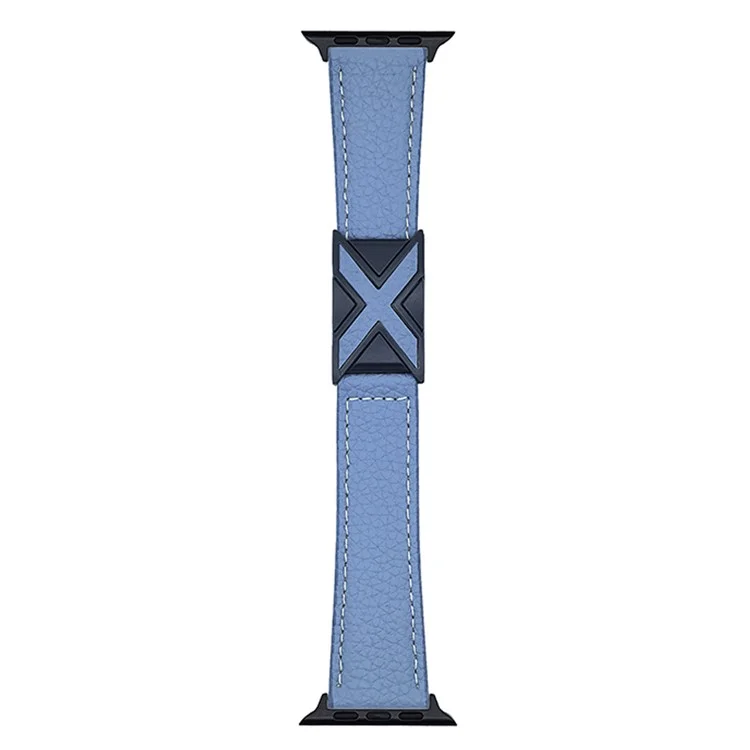 Watch Band For Apple Watch Series 10 Ultra 9 8 7 SE 6 5 4 3 2 1 46mm 49mm 45mm 44mm 42mm Magnetic X-Buckle Litchi Texture Leather Strap - Sky Blue