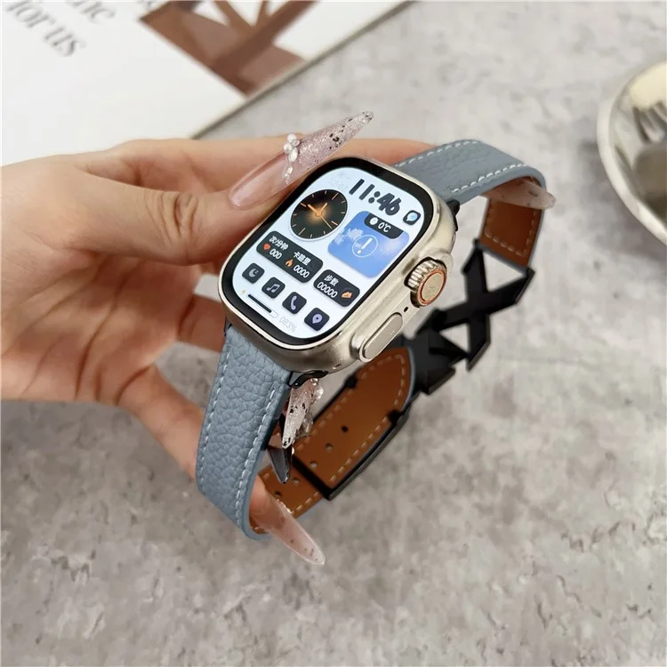 Watch Band For Apple Watch Series 10 Ultra 9 8 7 SE 6 5 4 3 2 1 46mm 49mm 45mm 44mm 42mm Magnetic X-Buckle Litchi Texture Leather Strap - Sky Blue
