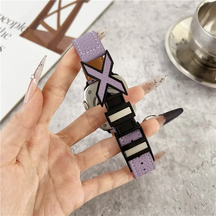 Watch Band For Apple Watch Series 10 Ultra 9 8 7 SE 6 5 4 3 2 1 46mm 49mm 45mm 44mm 42mm Magnetic X-Buckle Litchi Texture Leather Strap - Sky Blue