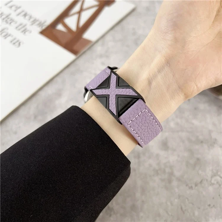 Watch Band For Apple Watch Series 10 Ultra 9 8 7 SE 6 5 4 3 2 1 46mm 49mm 45mm 44mm 42mm Magnetic X-Buckle Litchi Texture Leather Strap - Sky Blue