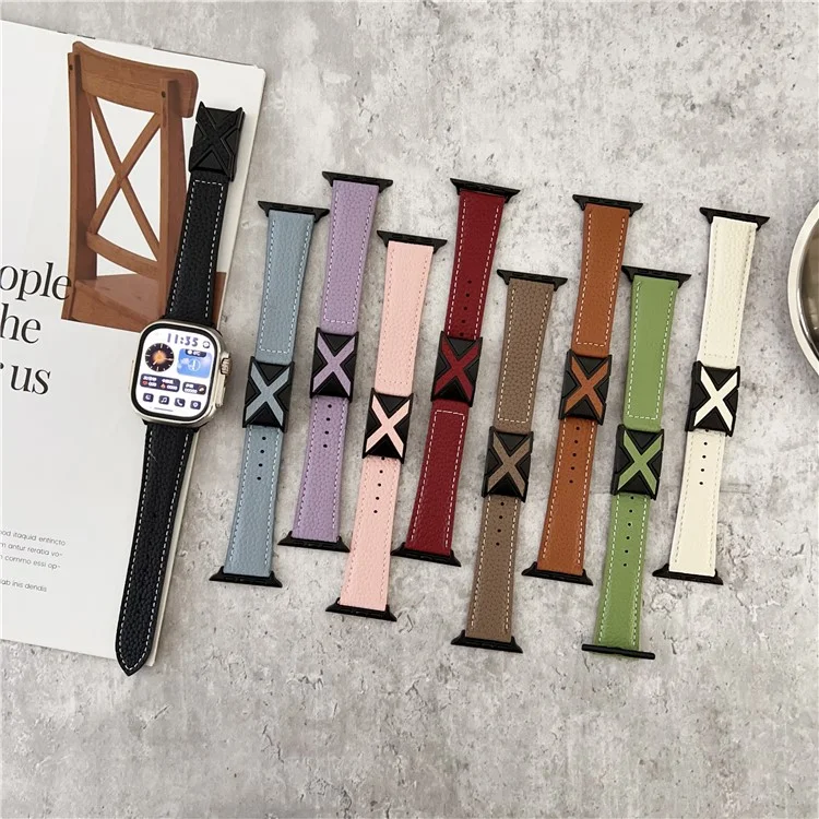 Watch Band For Apple Watch Series 10 Ultra 9 8 7 SE 6 5 4 3 2 1 46mm 49mm 45mm 44mm 42mm Magnetic X-Buckle Litchi Texture Leather Strap - Sky Blue