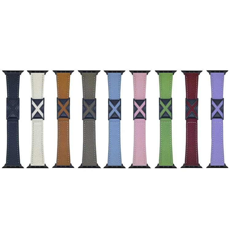 Watch Band For Apple Watch Series 10 Ultra 9 8 7 SE 6 5 4 3 2 1 46mm 49mm 45mm 44mm 42mm Magnetic X-Buckle Litchi Texture Leather Strap - Sky Blue