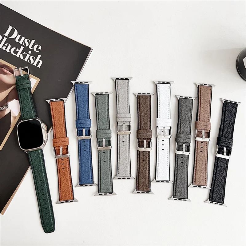 Watch Band For Apple Watch Series 10 Ultra 9 8 7 SE 6 5 4 3 2 1 46mm 49mm 45mm 44mm 42mm Metal Buckle Litchi Texture Silicone Strap - Grey Green