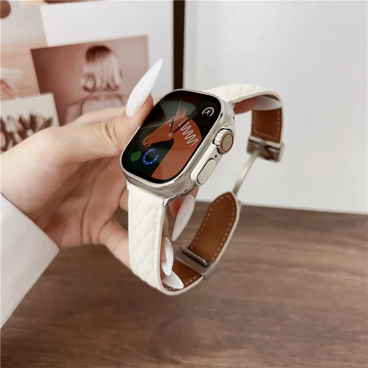 Watch Band For Apple Watch Series 10 9 8 7 SE 6 5 4 3 2 1 42mm 41mm 40mm 38mm Magnetic Starlight Buckle Rhombus Leather Strap - Beige
