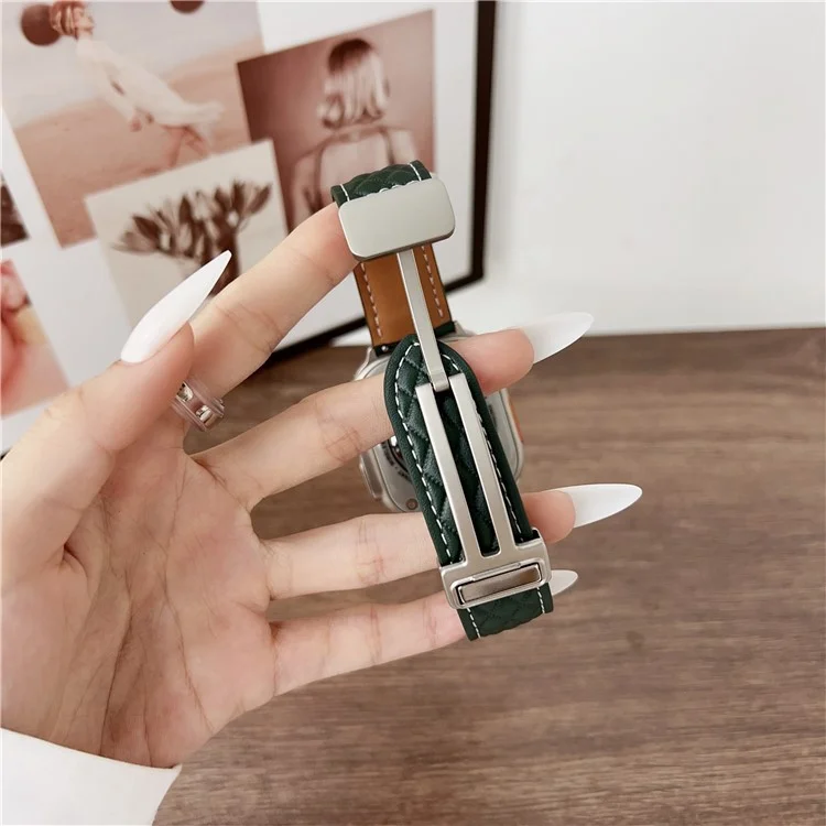 Watch Band For Apple Watch Series 10 9 8 7 SE 6 5 4 3 2 1 42mm 41mm 40mm 38mm Magnetic Starlight Buckle Rhombus Leather Strap - Beige