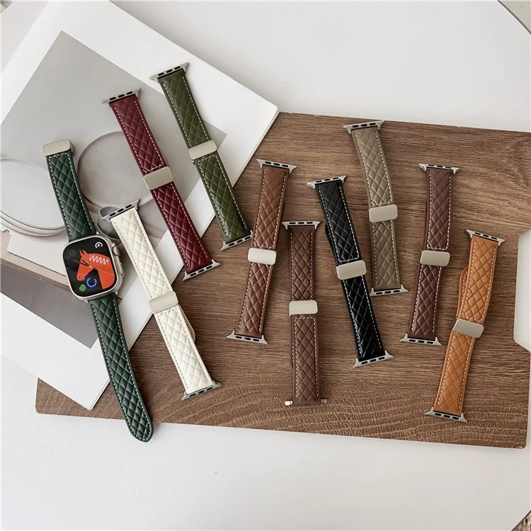 Watch Band For Apple Watch Series 10 9 8 7 SE 6 5 4 3 2 1 42mm 41mm 40mm 38mm Magnetic Starlight Buckle Rhombus Leather Strap - Beige