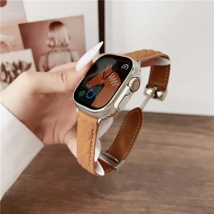 Watch Band For Apple Watch Series 10 Ultra 9 8 7 SE 6 5 4 3 2 1 46mm 49mm 45mm 44mm 42mm Magnetic Starlight Buckle Leather Strap - Matte Light Brown