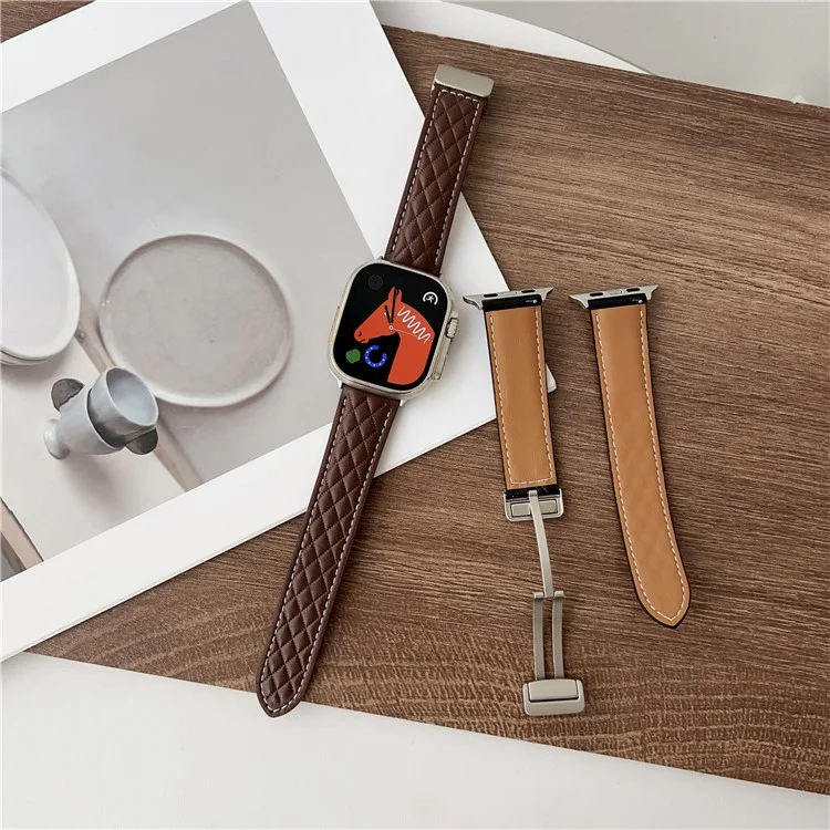 Watch Band For Apple Watch Series 10 Ultra 9 8 7 SE 6 5 4 3 2 1 46mm 49mm 45mm 44mm 42mm Magnetic Starlight Buckle Leather Strap - Matte Light Brown