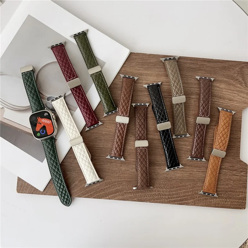 Watch Band For Apple Watch Series 10 Ultra 9 8 7 SE 6 5 4 3 2 1 46mm 49mm 45mm 44mm 42mm Magnetic Starlight Buckle Leather Strap - Matte Light Brown