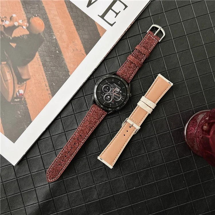 For Samsung Galaxy Watch7 44mm  /  40mm Adjustable Strap 20mm Glitter Leather Watch Band - Red