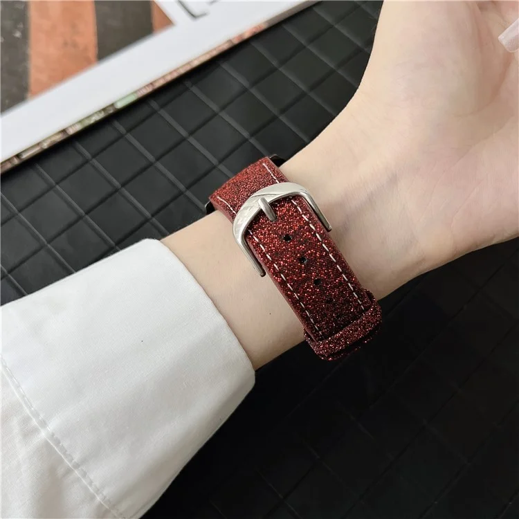 For Samsung Galaxy Watch7 44mm  /  40mm Adjustable Strap 20mm Glitter Leather Watch Band - Red