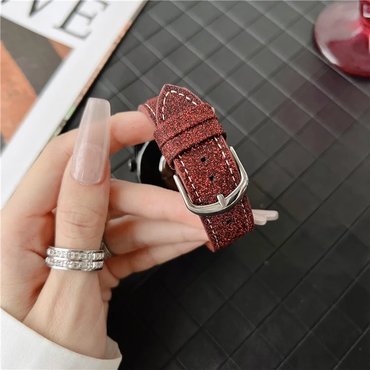 For Samsung Galaxy Watch7 44mm  /  40mm Adjustable Strap 20mm Glitter Leather Watch Band - Red