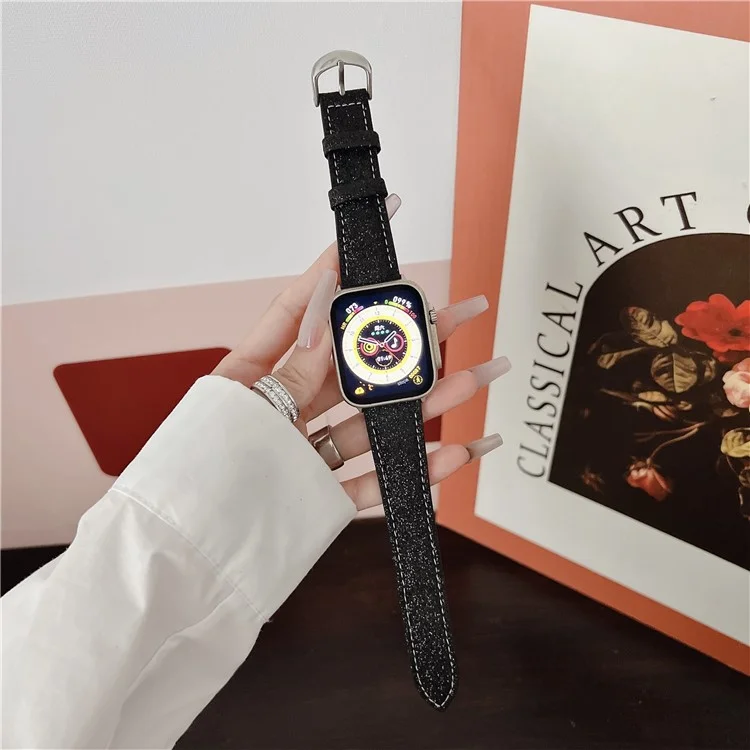 Adjustable Strap for Apple Watch Series 10 9 8 7 SE 6 5 4 3 2 1 42mm 41mm 40mm 38mm Glitter Leather Watch Band - Purple