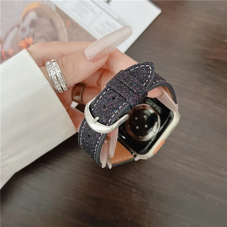 Adjustable Strap for Apple Watch Series 10 9 8 7 SE 6 5 4 3 2 1 42mm 41mm 40mm 38mm Glitter Leather Watch Band - Purple