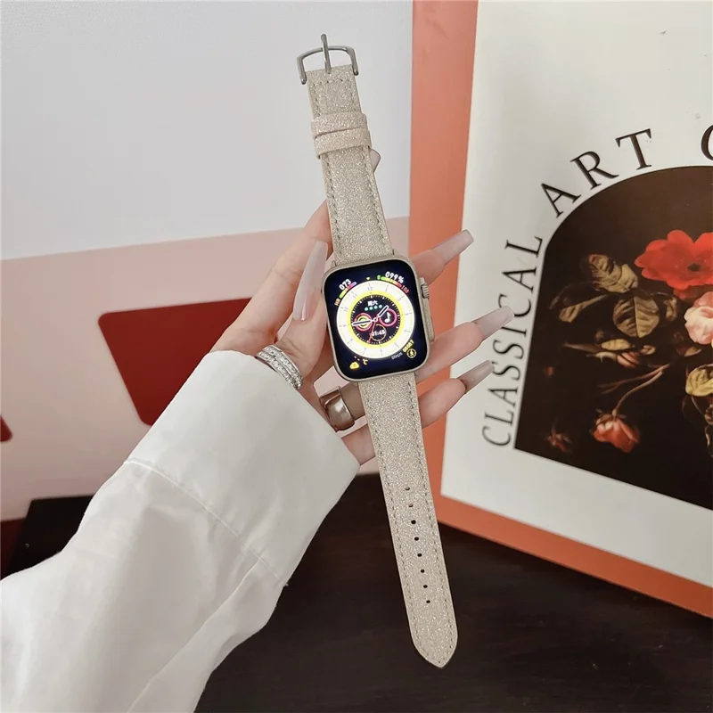 Adjustable Strap for Apple Watch Series 10 Ultra 9 8 7 SE 6 5 4 3 2 1 46mm 49mm 45mm 44mm 42mm Glitter Leather Watch Band - Beige