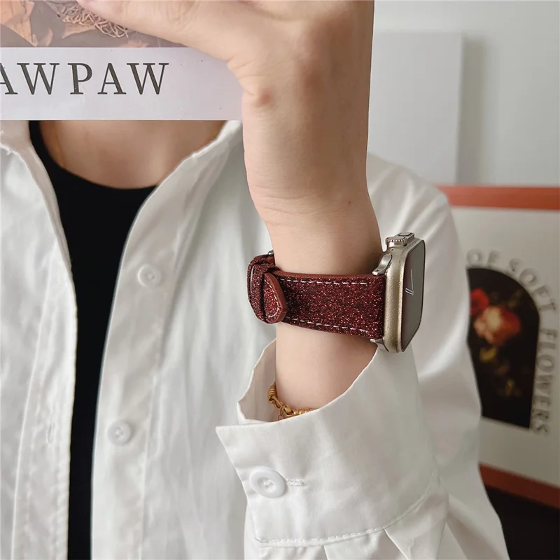 Adjustable Strap for Apple Watch Series 10 Ultra 9 8 7 SE 6 5 4 3 2 1 46mm 49mm 45mm 44mm 42mm Glitter Leather Watch Band - Beige
