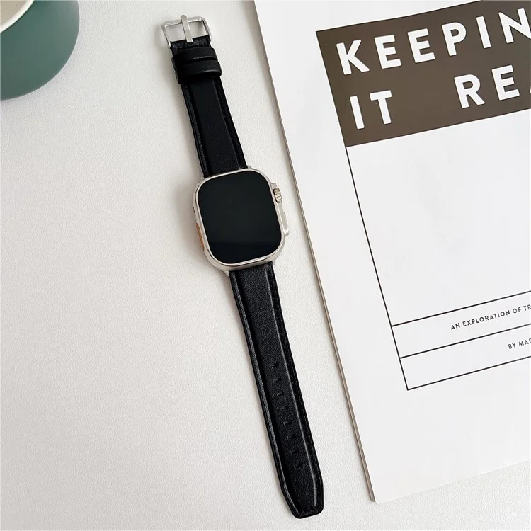 Watch Band for Apple Watch Series 10 Ultra 9 8 7 SE 6 5 4 3 2 1 46mm 49mm 45mm 44mm 42mm Napa Texture PU Covered Silicone Strap - Black