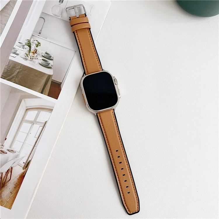 Watch Band for Apple Watch Series 10 Ultra 9 8 7 SE 6 5 4 3 2 1 46mm 49mm 45mm 44mm 42mm Napa Texture PU Covered Silicone Strap - Light Brown