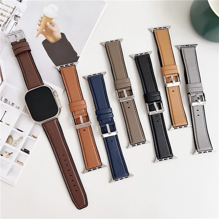 Watch Band for Apple Watch Series 10 Ultra 9 8 7 SE 6 5 4 3 2 1 46mm 49mm 45mm 44mm 42mm Napa Texture PU Covered Silicone Strap - Light Brown