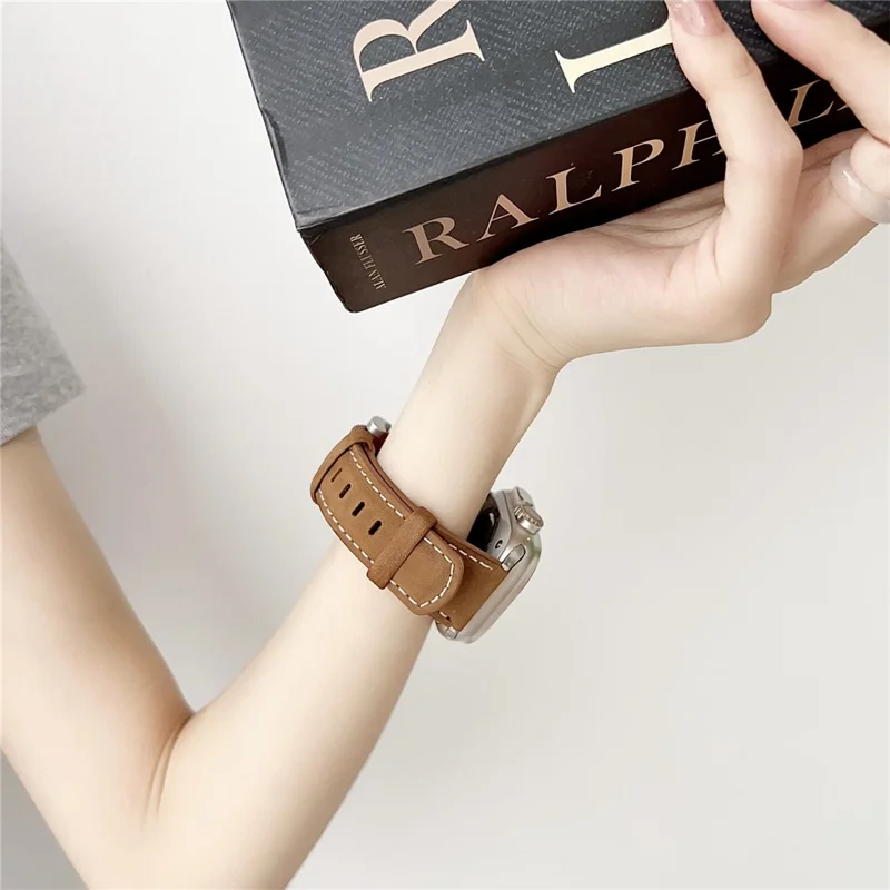 Genuine Leather Watchband For Apple Watch Series 10 Ultra 9 8 7 SE 6 5 4 3 2 1 46mm 49mm 44mm 44mm 40mm Wrist Strap Replacement - Light Brown