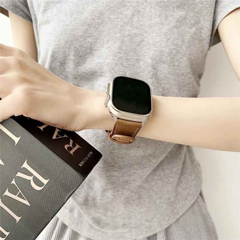 Genuine Leather Watchband For Apple Watch Series 10 Ultra 9 8 7 SE 6 5 4 3 2 1 46mm 49mm 44mm 44mm 40mm Wrist Strap Replacement - Light Brown