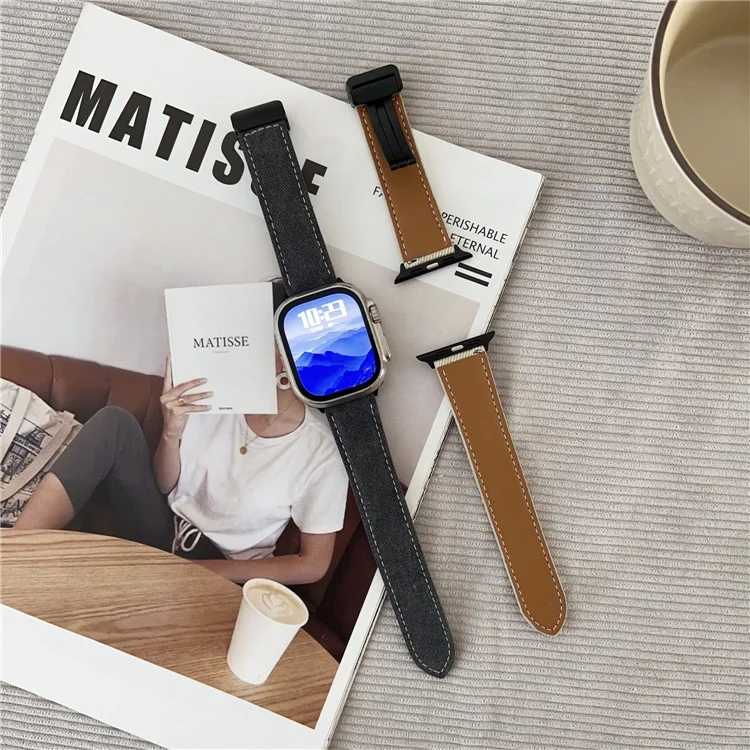 Watch Band For Apple Watch Series 10 Ultra 9 8 7 SE 6 5 4 3 2 1 46mm 49mm 45mm 44mm 42mm Magnetic Buckle Leather Nylon Wrist Strap - Coffee