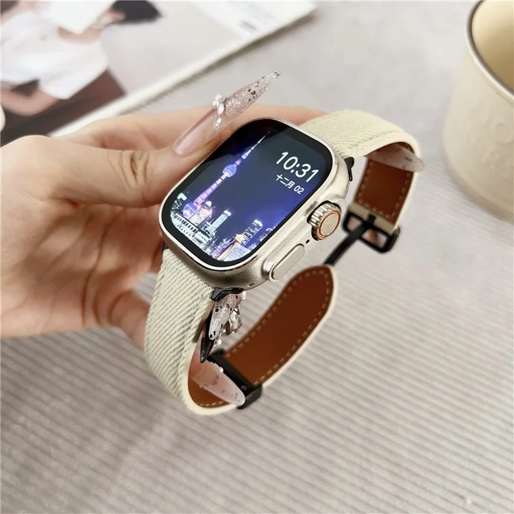 Watch Band For Apple Watch Series 10 Ultra 9 8 7 SE 6 5 4 3 2 1 46mm 49mm 45mm 44mm 42mm Magnetic Buckle Leather Nylon Wrist Strap - Coffee