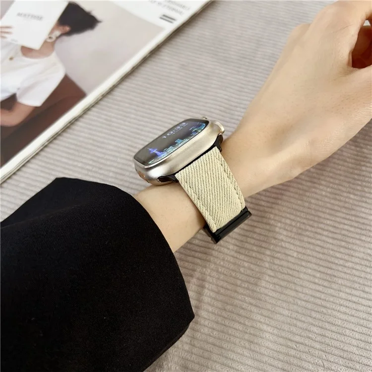 Watch Band For Apple Watch Series 10 Ultra 9 8 7 SE 6 5 4 3 2 1 46mm 49mm 45mm 44mm 42mm Magnetic Buckle Leather Nylon Wrist Strap - Coffee