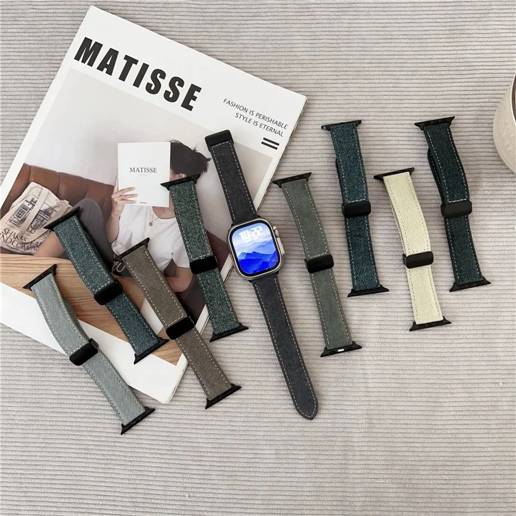 Watch Band For Apple Watch Series 10 Ultra 9 8 7 SE 6 5 4 3 2 1 46mm 49mm 45mm 44mm 42mm Magnetic Buckle Leather Nylon Wrist Strap - Coffee