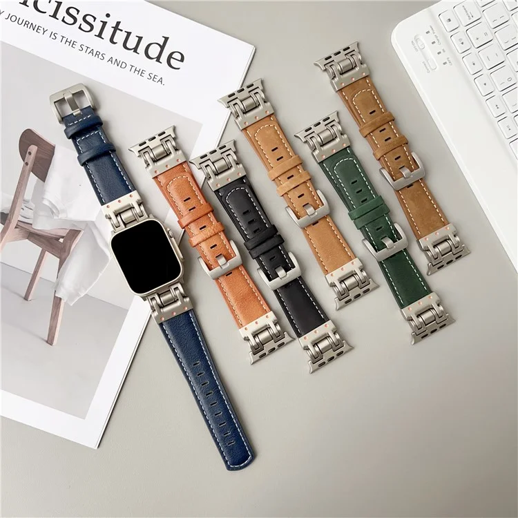 Lederarmband für Apple Watch Series 10 9 8 7 SE 6 5 4 3 2 1 42mm 41mm 40mm 38mm Crazy Horse Textur Armband - Dunkelblau