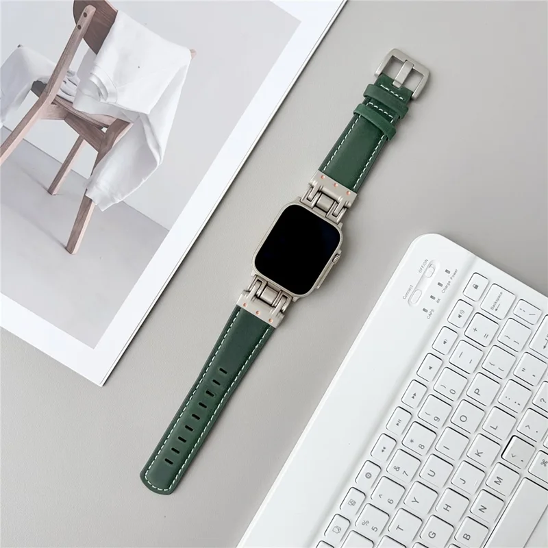 Leather Watch Band For Apple Watch Series 10 9 8 7 SE 6 5 4 3 2 1 42mm 41mm 40mm 38mm Crazy Horse Texture Wrist Strap - Dark Green